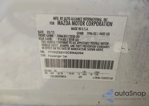 2012 Mazda Mazda6 I Sport from USA, damaged, VIN 1YVHZ8BH3C5M42394